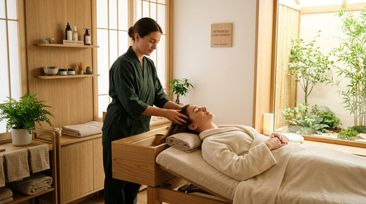 Cabine de head spa professionnelle avec une cliente profitant d'un soin du cuir chevelu