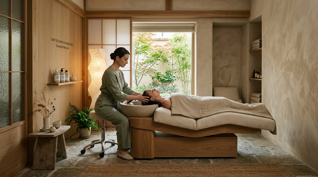 Espace de head spa japonais professionnel aménagé avec lit de soin et ambiance zen