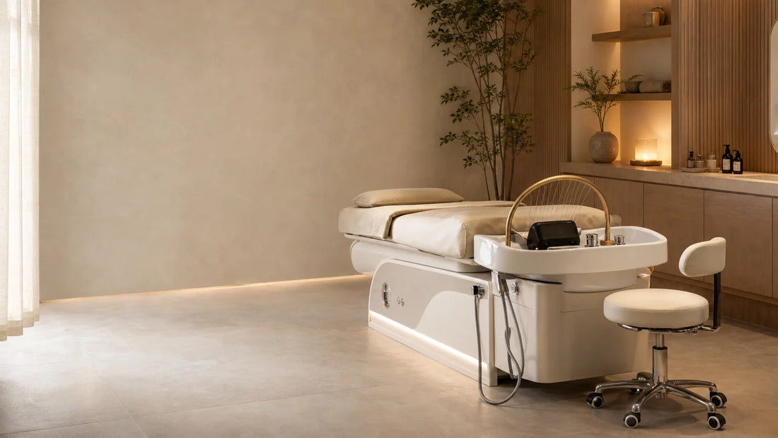 Cabine de spa professionnelle équipée d’un poste Head Spa moderne