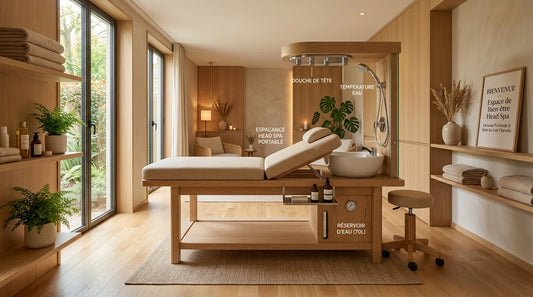 Table head spa portable installée dans une cabine de bien-être moderne