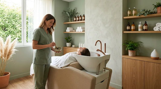 Cabine professionnelle de hair spa avec table de soin moderne et ambiance apaisante