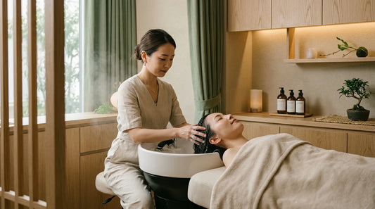 Praticienne réalisant un soin de head spa japonais sur une cliente allongée