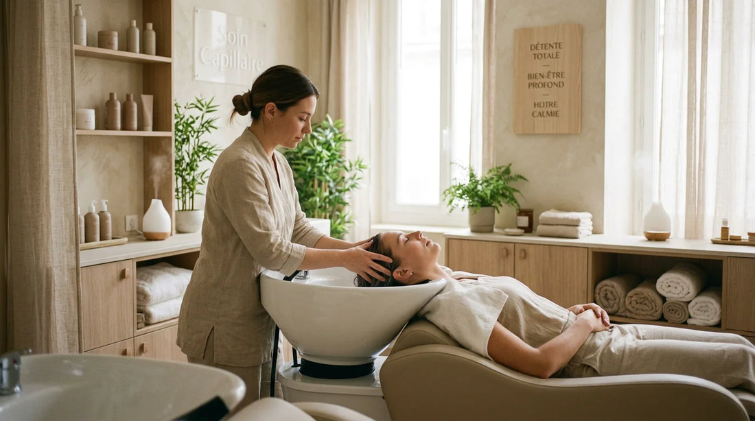 Soin head spa japonais dans un salon moderne avec bac ergonomique