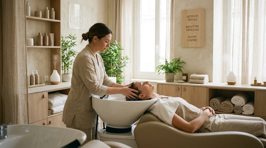Soin head spa japonais dans un salon moderne avec bac ergonomique