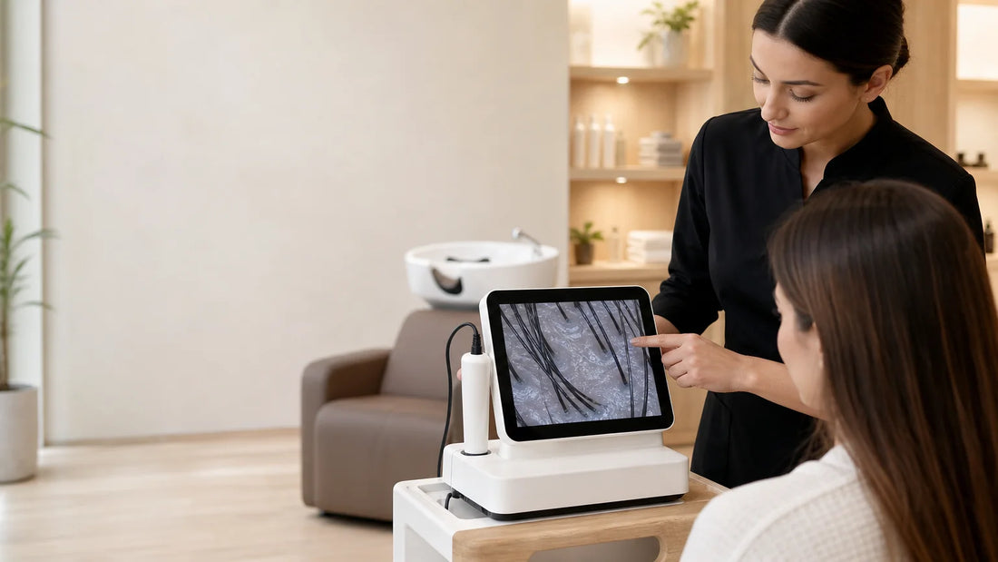 Appareil professionnel de diagnostic capillaire dans un salon moderne