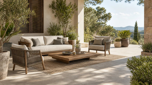 Salon de jardin installé sur une terrasse avec espace de circulation