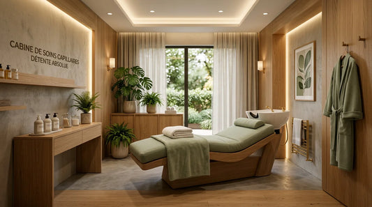 Cabine de hair spa moderne avec table de soin inclinable dans un salon de bien-être
