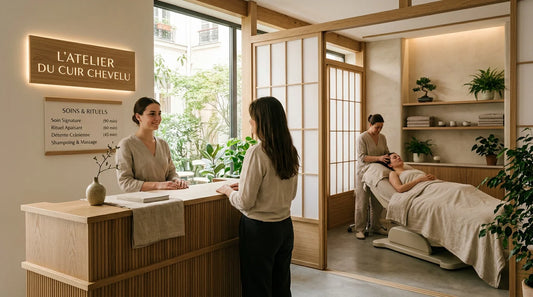 Espace d'accueil moderne et apaisant d'un head spa japonais