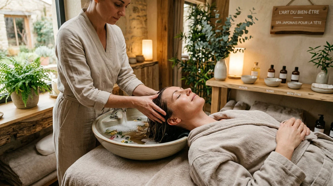 Femme détendue recevant un soin head spa japonais dans un institut de bien-être