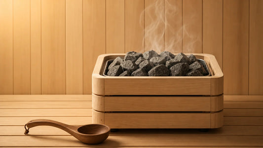 Poêle de sauna rempli de pierres volcaniques avec vapeur