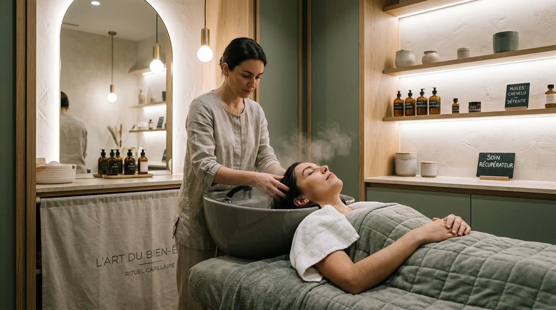 Espace head spa premium avec cliente en pleine séance de relaxation