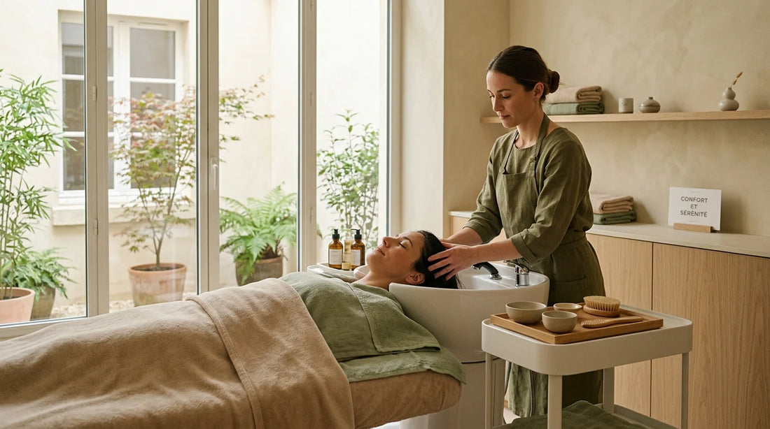Soin Head Spa réalisé avec un bac autonome dans un salon de bien-être