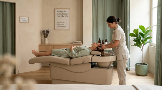 Massage du crâne professionnel réalisé sur une table Head Spa dans un institut premium