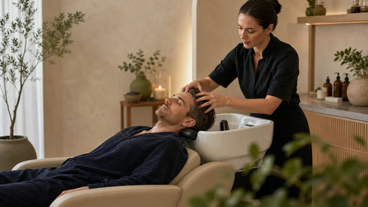Homme recevant un soin head spa dans un espace professionnel
