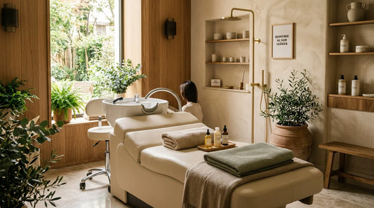 Cabine de head spa professionnelle avec table de soin aux tons naturels