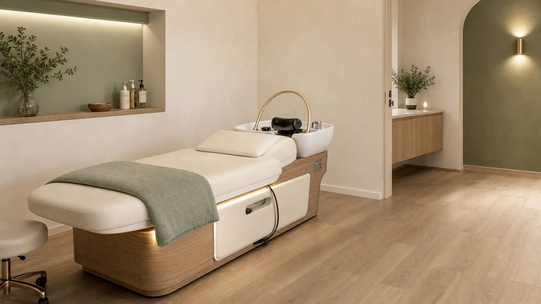 Table Head Spa installée dans une cabine professionnelle de spa.