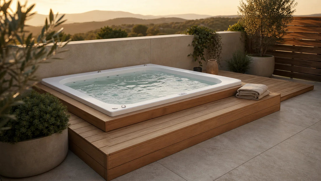 Spa extérieur intégré dans une terrasse avec habillage en bois