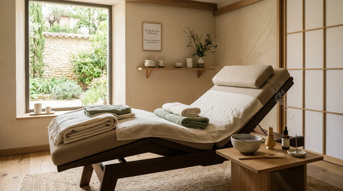 Espace de soin head spa japonais professionnel avec table et lumière naturelle