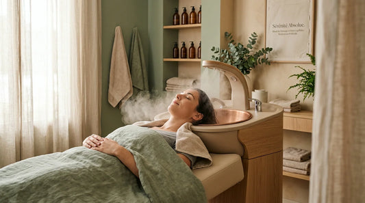 Cliente détendue recevant un soin head spa avec brume ultra-fine dans un salon professionnel