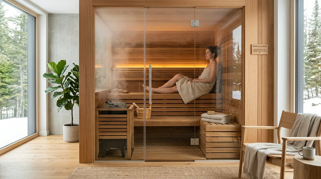 Sauna maison moderne en bois installé dans un intérieur lumineux