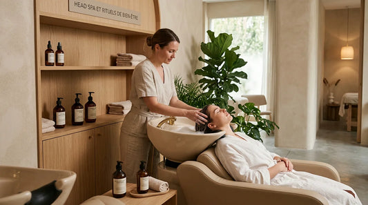 Poste de head spa moderne dans un salon de bien-être aux tons naturels