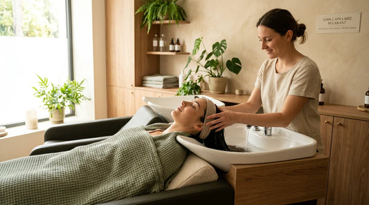 Soin de head spa dans un salon de bien-être écologique et lumineux