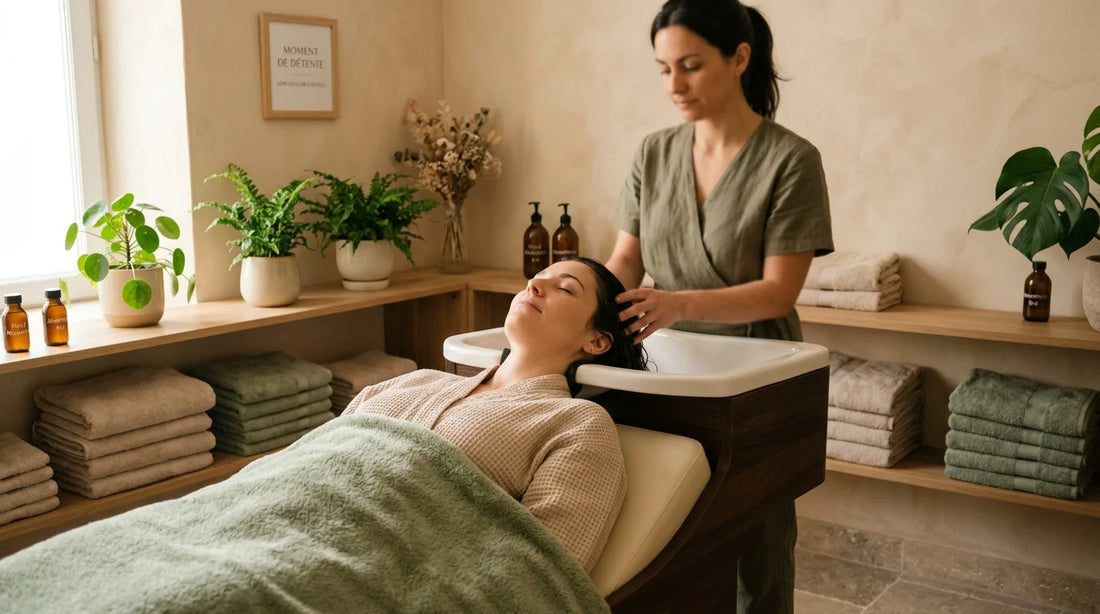 Cliente détendue lors d'une séance de head spa dans un salon apaisant