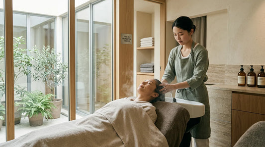 Cabine de head spa professionnelle avec cliente en soin du cuir chevelu