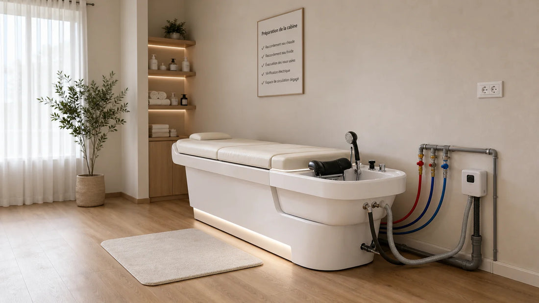 Cabine Head Spa préparée pour une installation avec raccordement