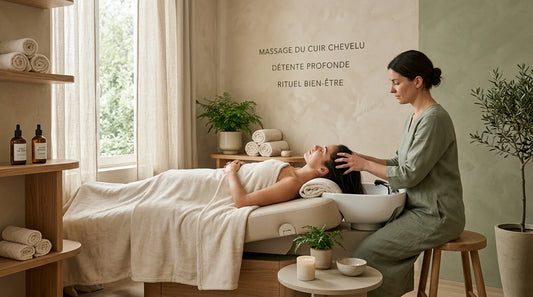 Soin du cuir chevelu professionnel réalisé sur une table de head spa en institut