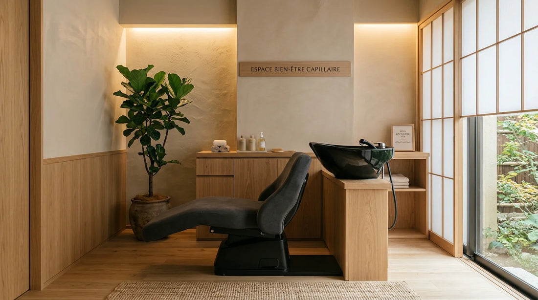 Espace de soin hair spa professionnel dans un salon moderne et apaisant