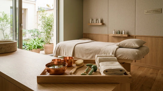 Accessoires de head spa japonais présentés dans un espace de soin élégant