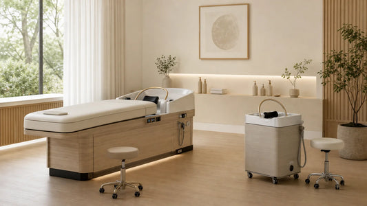 Espace professionnel comparant une table Head Spa fixe et un bloc mobile autonome