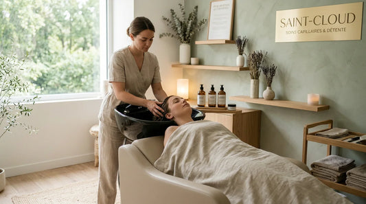 Salon de head spa professionnel avec table de soin et cliente en pleine détente