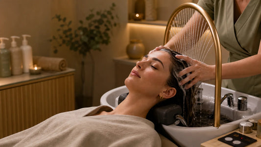 Cliente détendue pendant une séance de head spa premium dans un institut