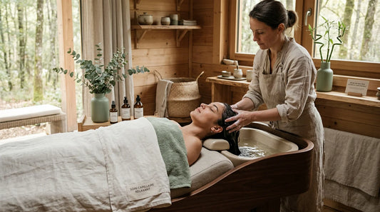 Cabine de Head Spa avec cliente détendue recevant un massage du cuir chevelu