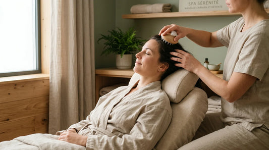 Personne détendue profitant d'un massage du cuir chevelu dans une ambiance spa