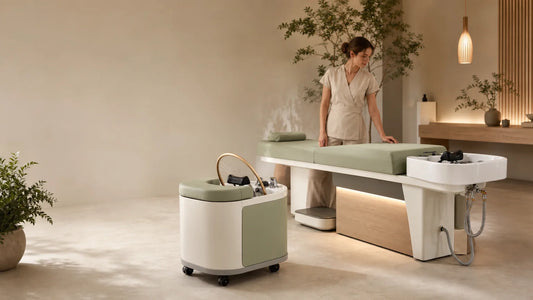 Comparaison visuelle entre une table Head Spa raccordée et un bloc mobile autonome dans un salon professionnel