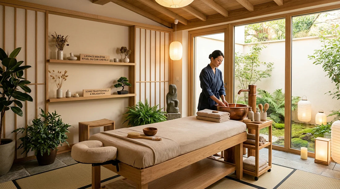 Cabine Head Spa professionnelle d'inspiration japonaise avec table et bac