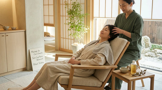 Cliente détendue recevant un soin du cuir chevelu dans un atelier de head spa
