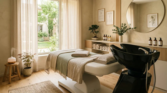 Salle de soin capillaire hair spa moderne avec table et bac de lavage professionnels