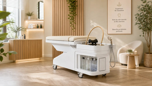 Poste de soin head spa mobile autonome installé dans un salon moderne