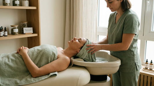 Séance de head spa professionnelle sur une table de soin dans un salon