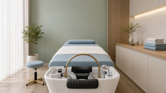 Espace head spa professionnel propre avec bac, linge et matériel désinfecté