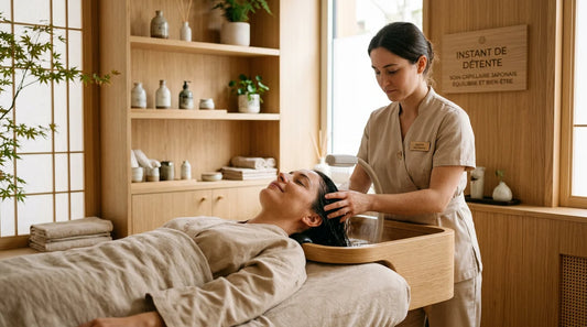 Cliente profitant d'un soin head spa relaxant dans un salon premium
