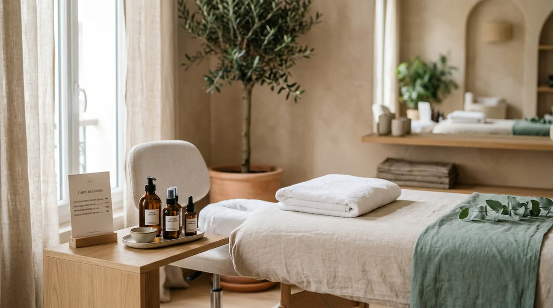 Espace head spa professionnel avec table et carte de tarifs