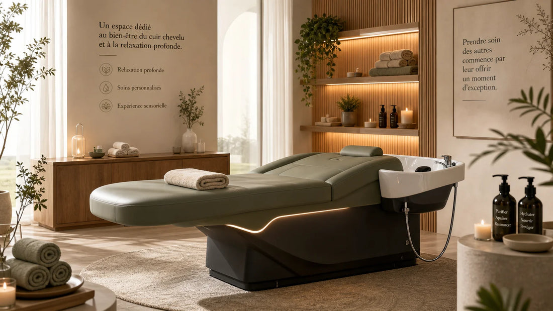Salle de head spa professionnelle avec table de soin et bac intégré