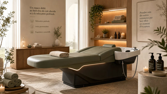Salle de head spa professionnelle avec table de soin et bac intégré