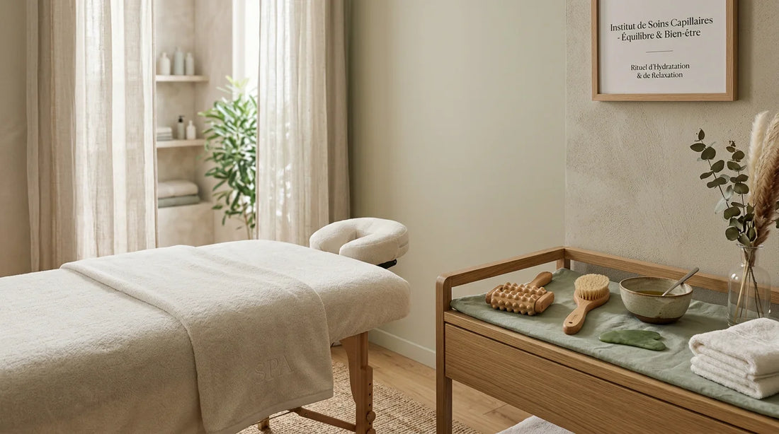 Station head spa professionnelle avec table et accessoires dans un institut
