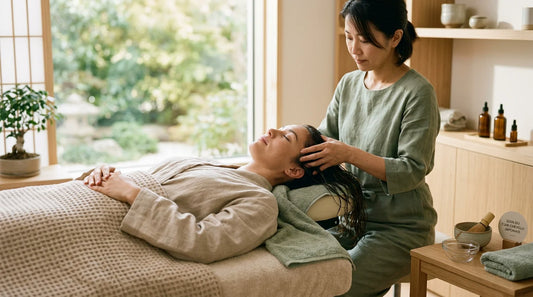 Client détendu recevant un soin japonais du cuir chevelu en institut